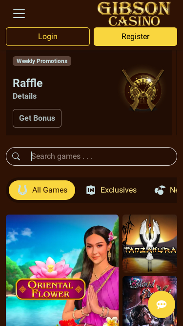 Page d'accueil mobile du casino Gibson