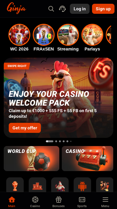Ginja Casino Mobile Homepage