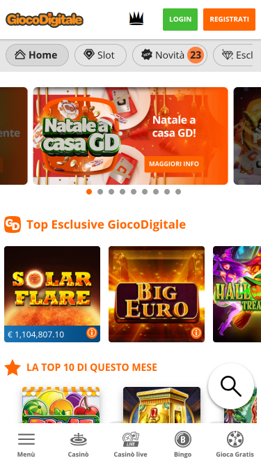 Page d'accueil du casino mobile Gioco Digitale