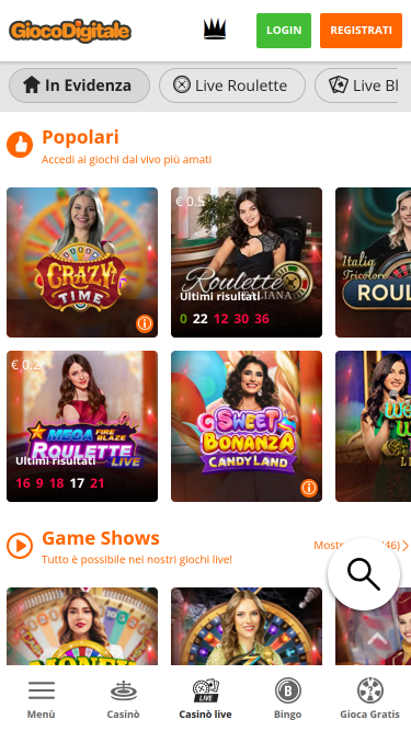 Casino Gioco Digitale Mobile avec Croupier en Direct