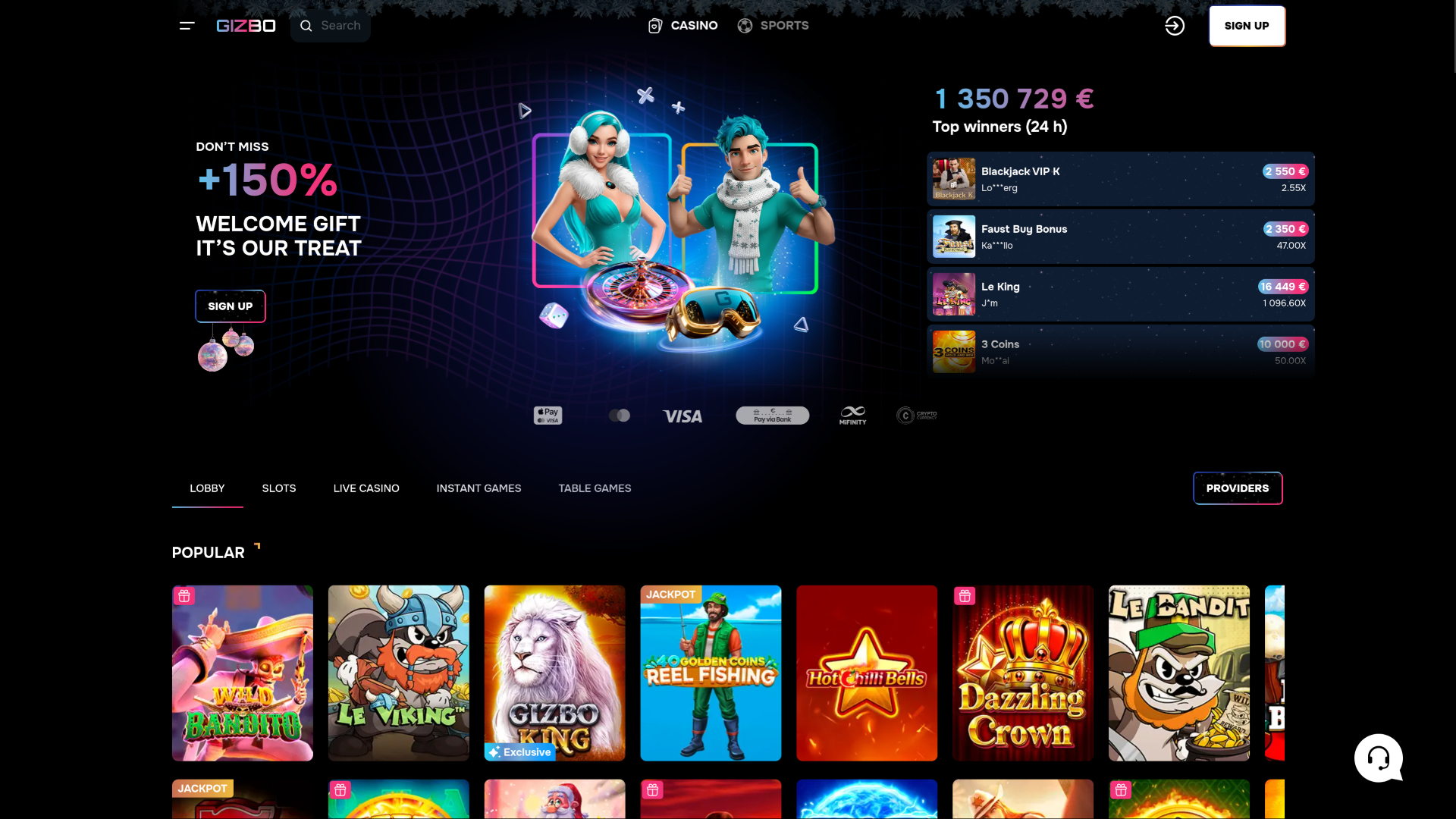 Gizbo Casino Desktop-Startseite