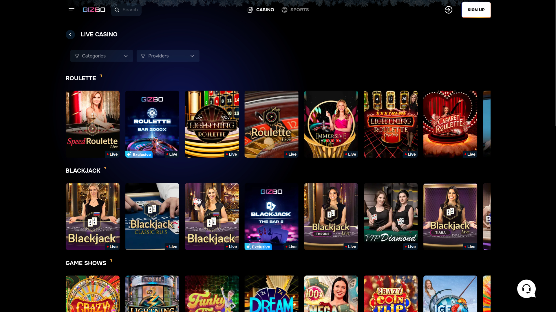Gizbo Casino Desktop Live-Dealer