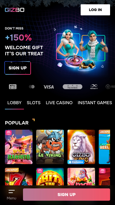 Gizbo Casino Mobile Homepage