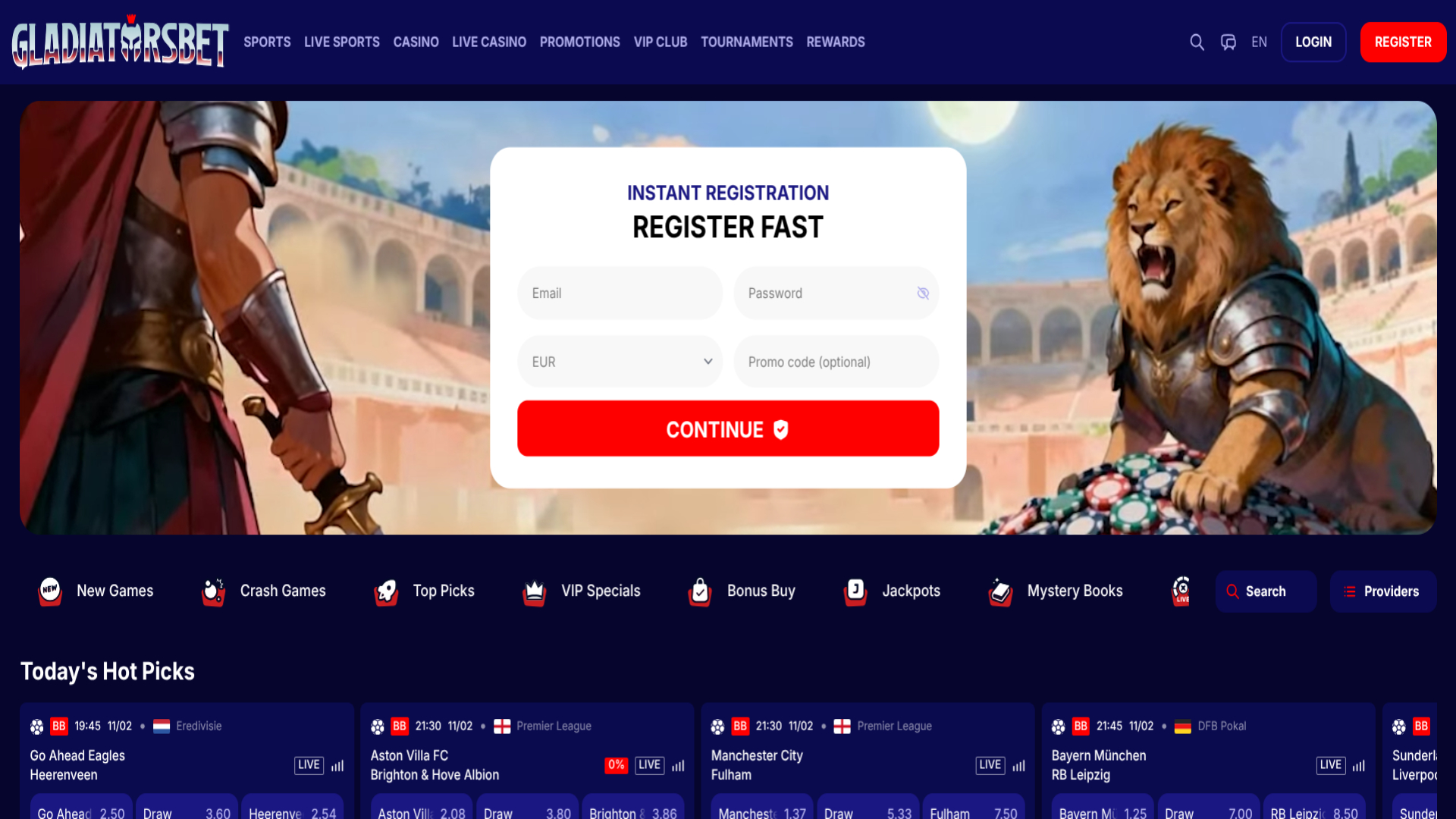 Homepage screenshot of GladiatorsBet Casino for Desktop