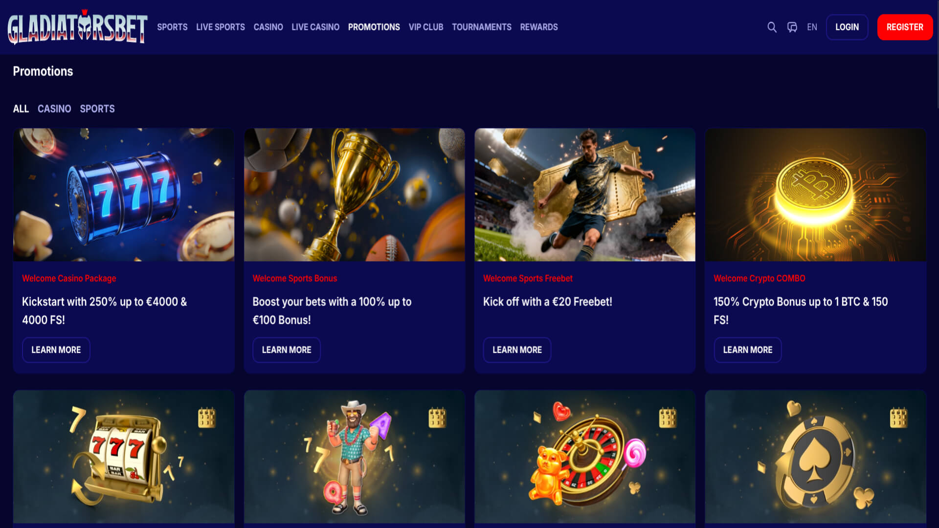 Screenshot delle promozioni di GladiatorsBet Casino per Desktop