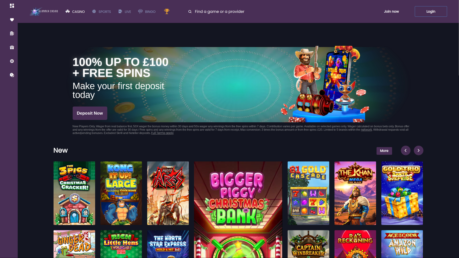 Page d'accueil du casino Glimmer pour ordinateur