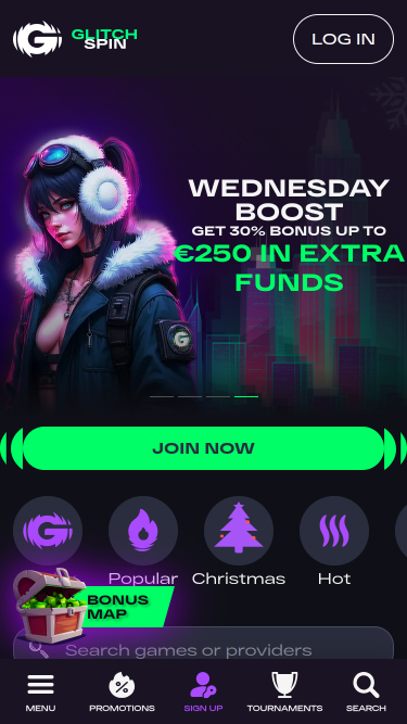 Glitchspin Casino Mobile Homepage