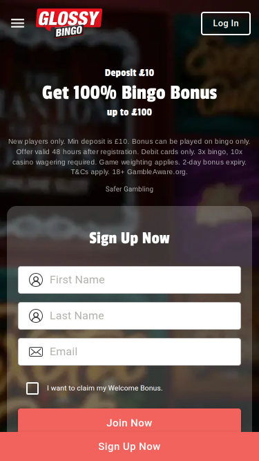 Page d'accueil mobile de Glossy Bingo