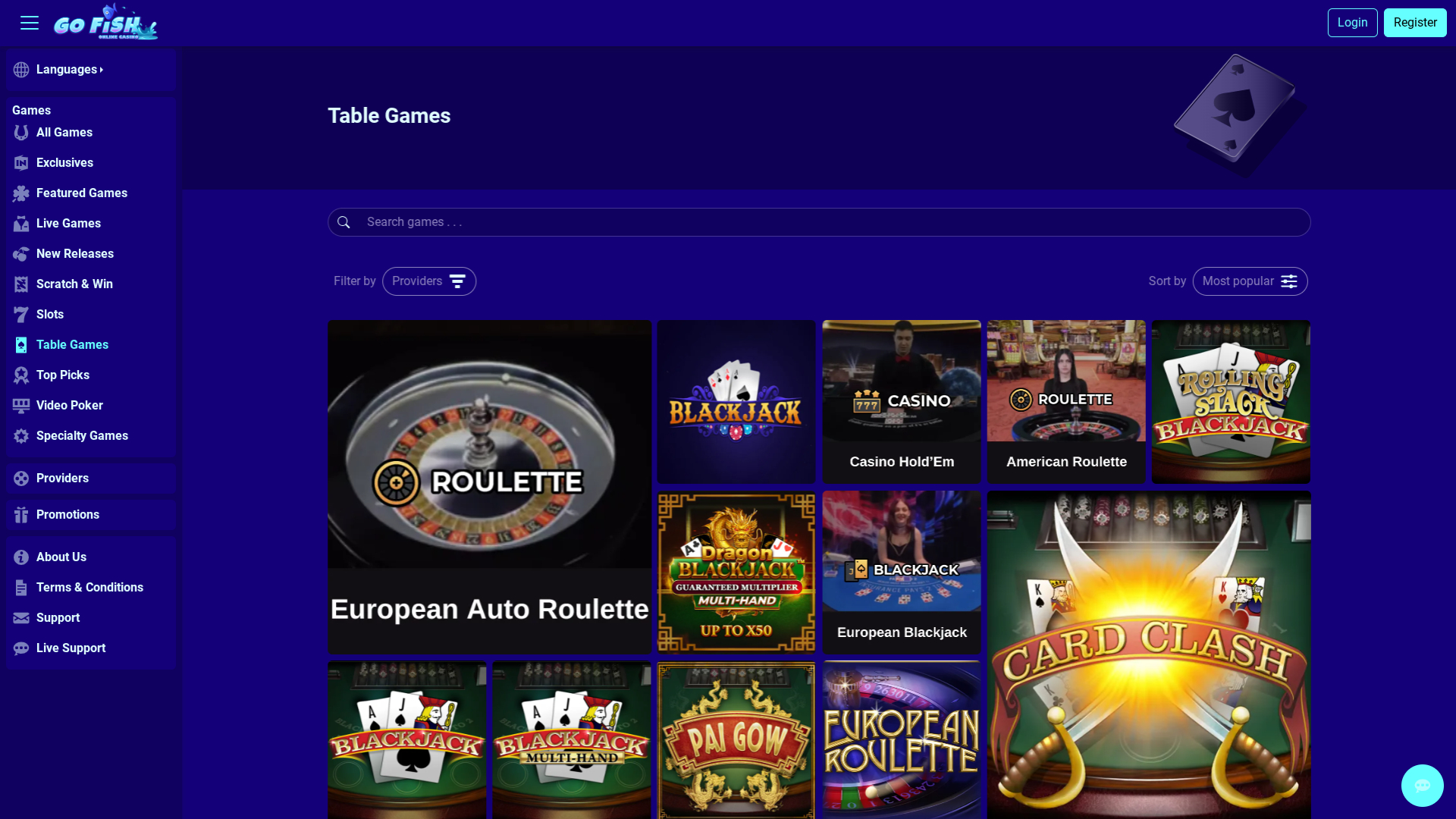 Jeux de table de casino Go Fish sur ordinateur