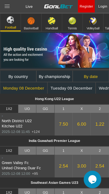 Page d'accueil mobile du casino Goalbet