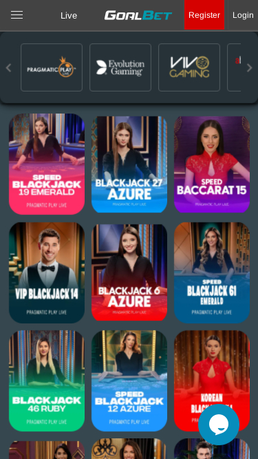 Casino mobile Goalbet avec croupier en direct