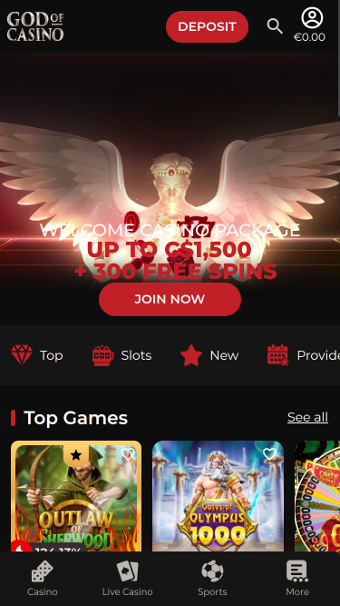 Page d'accueil mobile de God Of Casino
