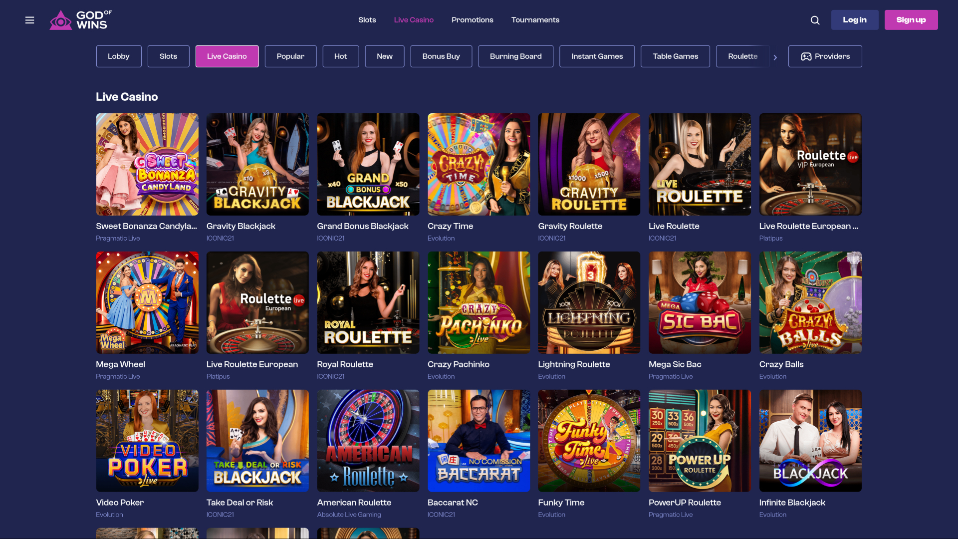 Casino God of Wins sur ordinateur avec croupier en direct
