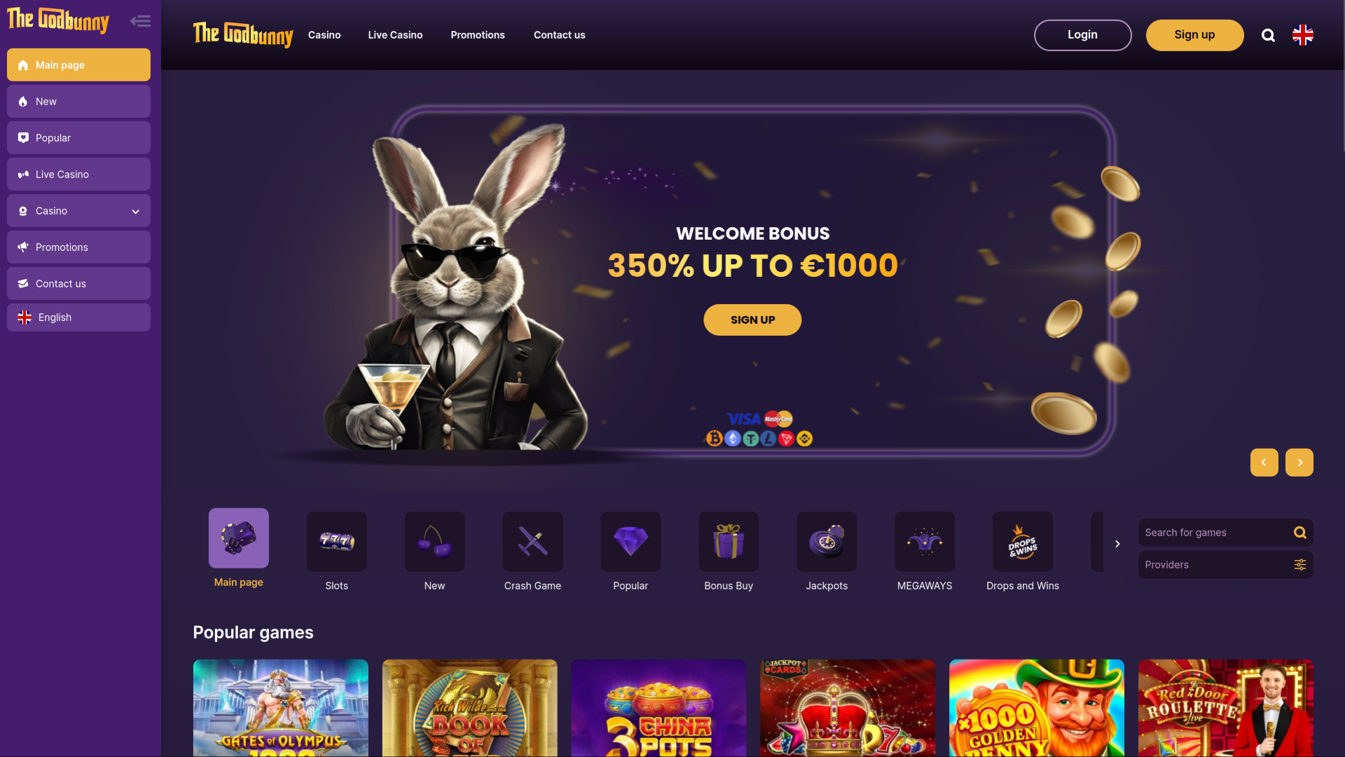 Página de inicio de GodBunny Casino para escritorio