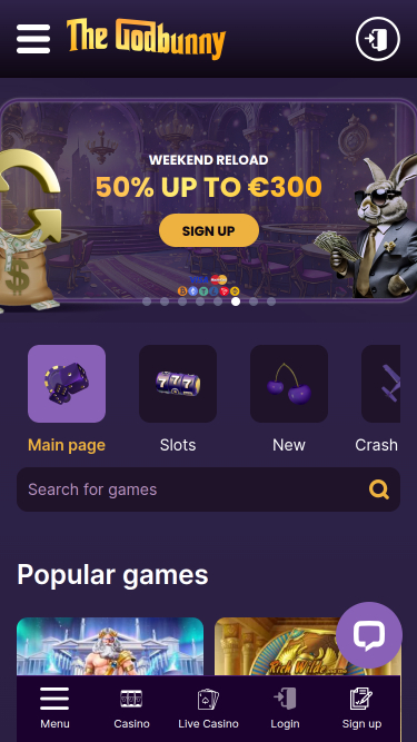 Página de inicio móvil de GodBunny Casino