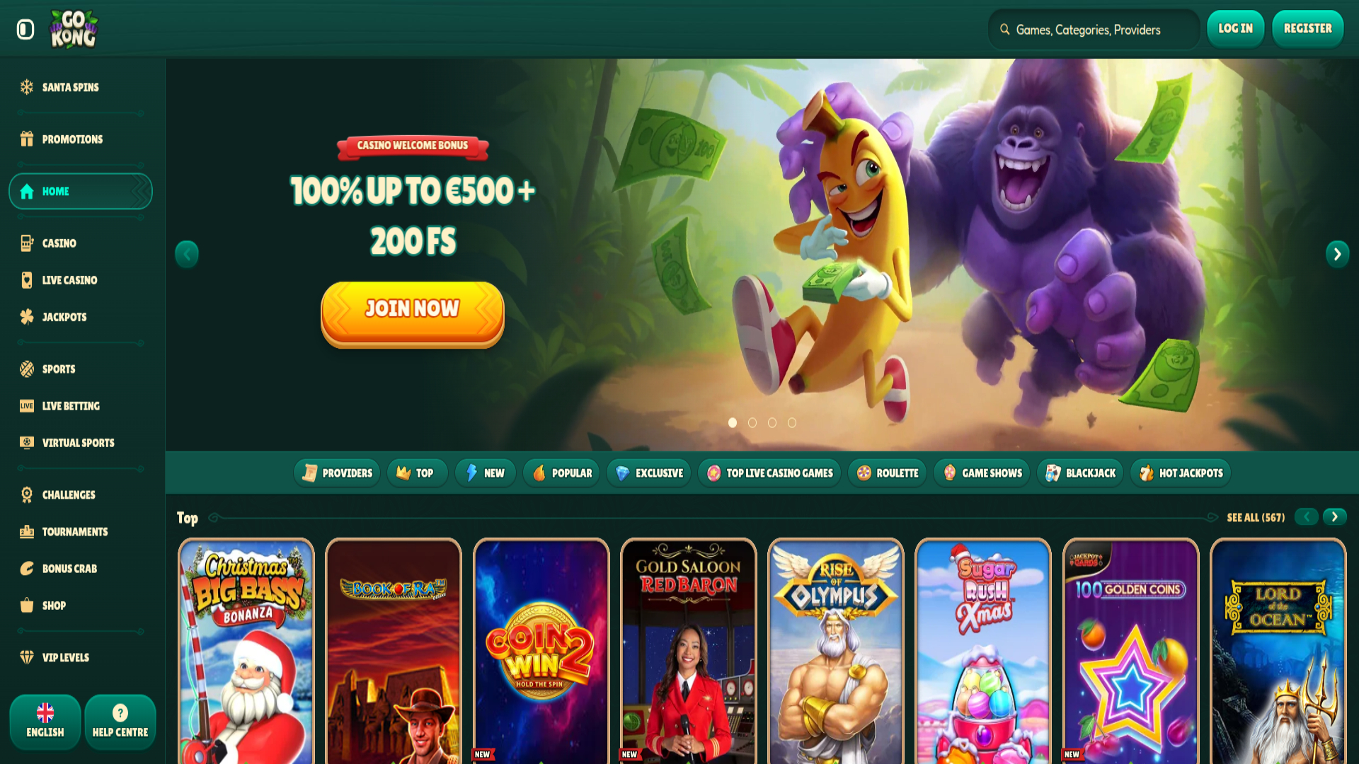 Screenshot der Startseite von GoKong Casino für Desktop