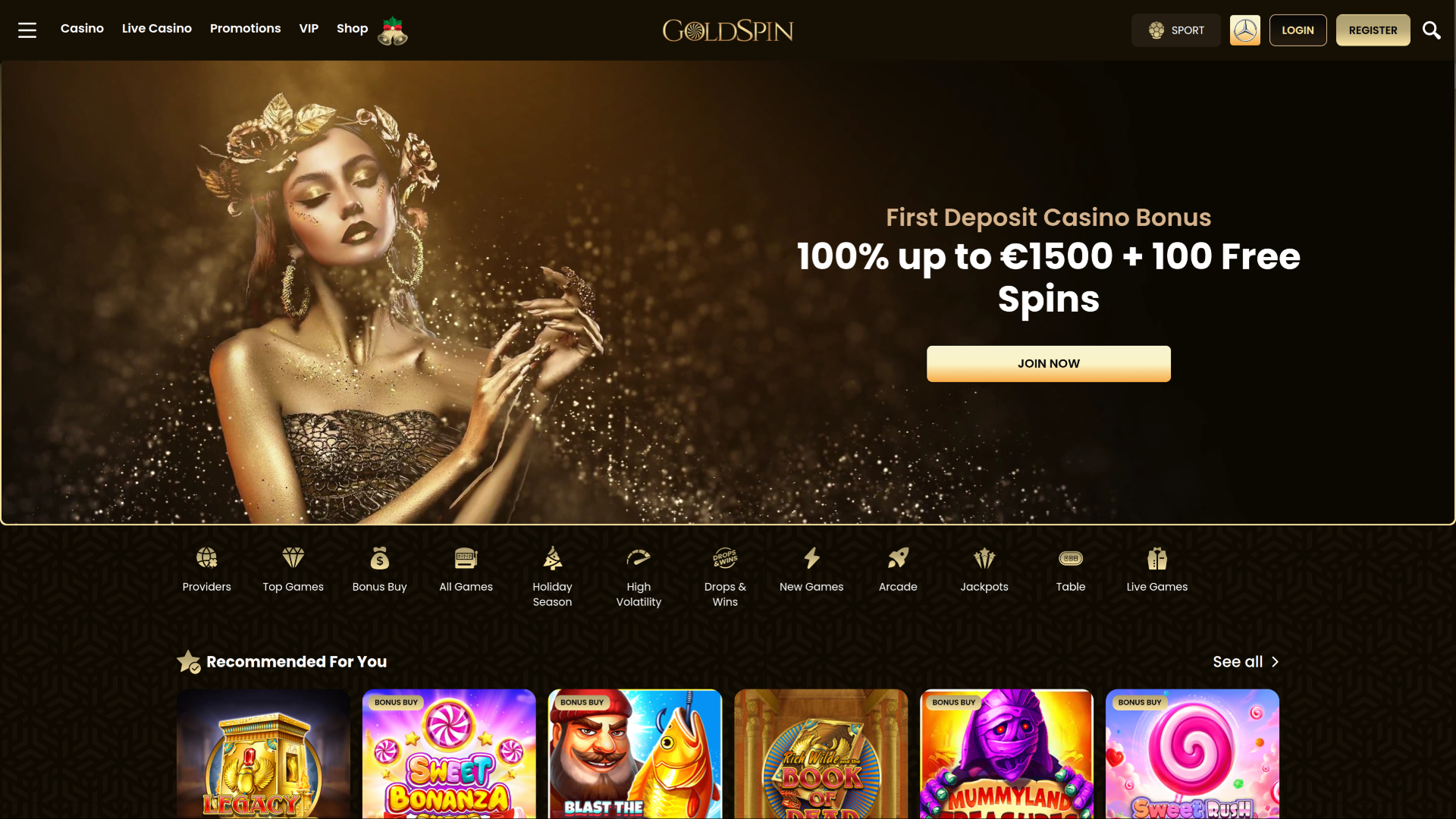 GoldSpin Casino Desktop Homepage