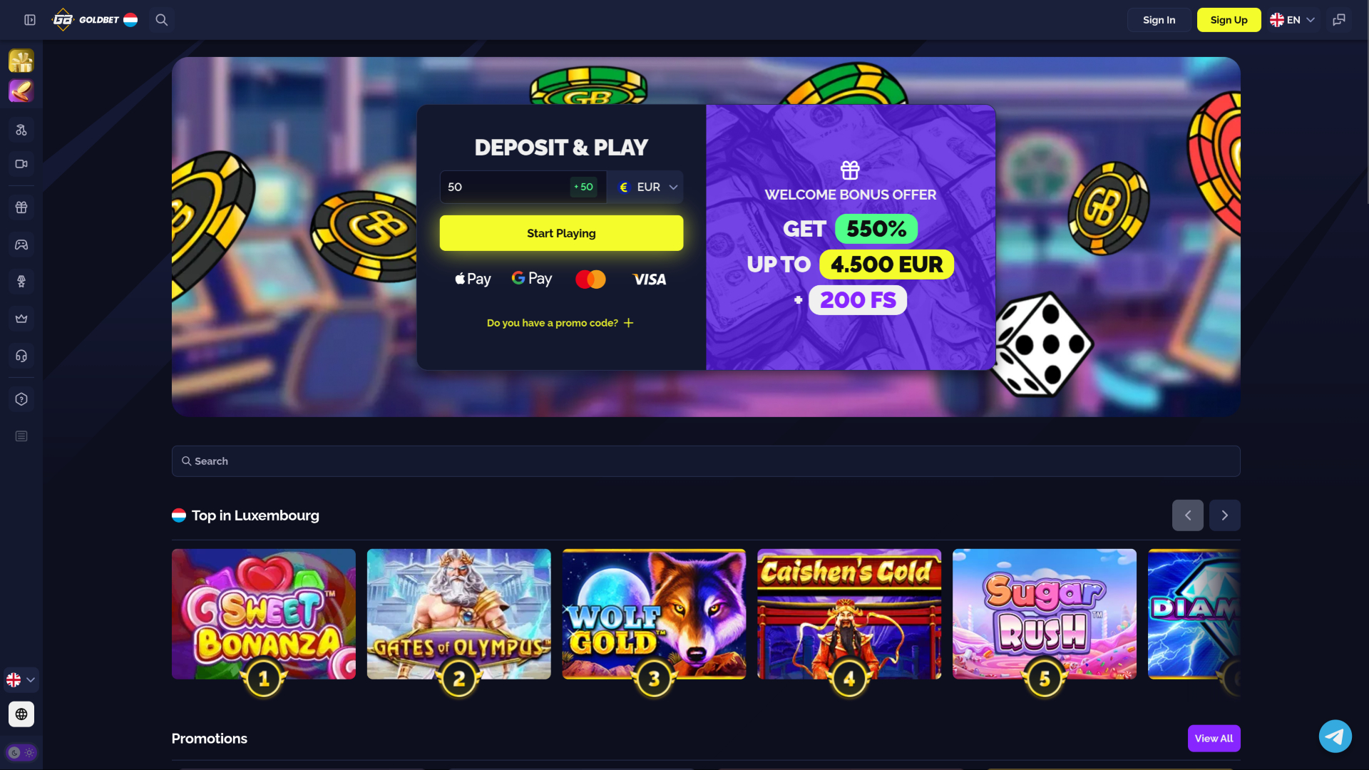 Goldbet.io Casino Desktop Homepage