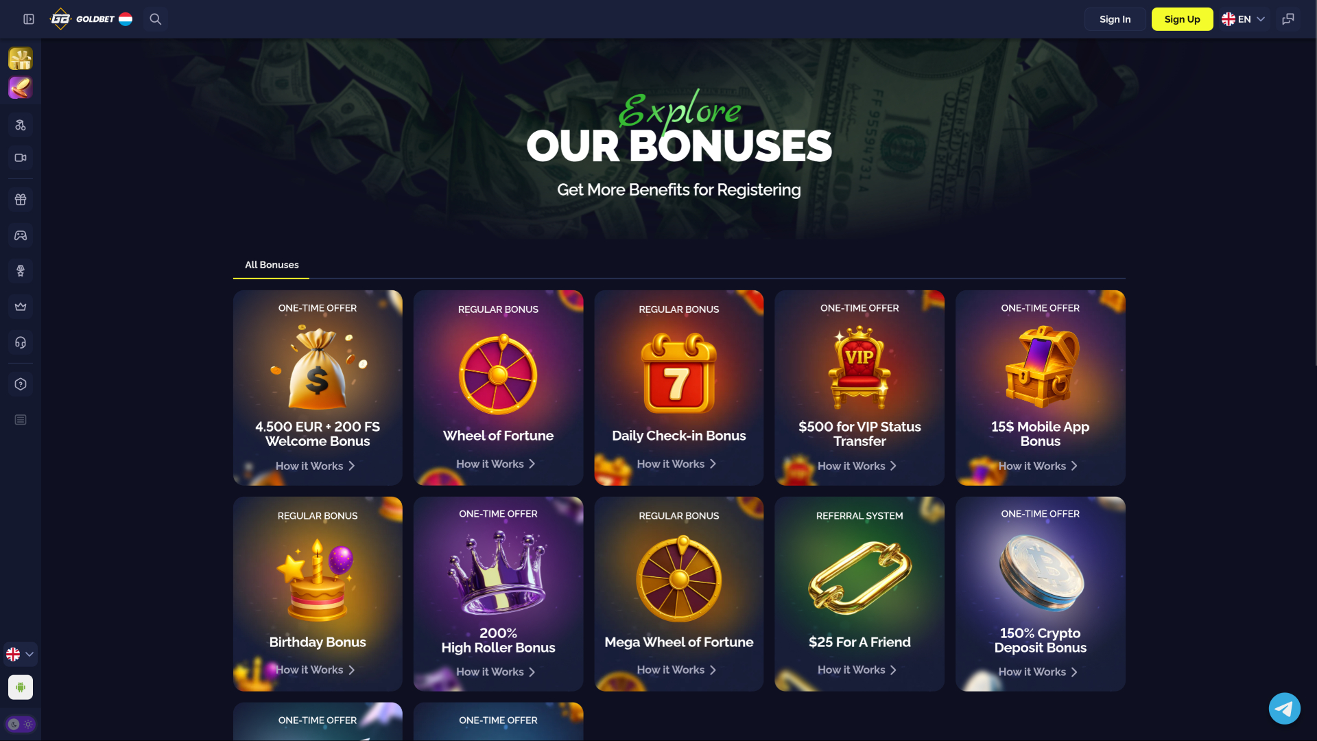 Goldbet.io Casino Desktop Promotions