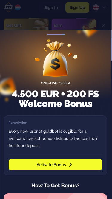 Goldbet.io Casino Mobile Welcome
