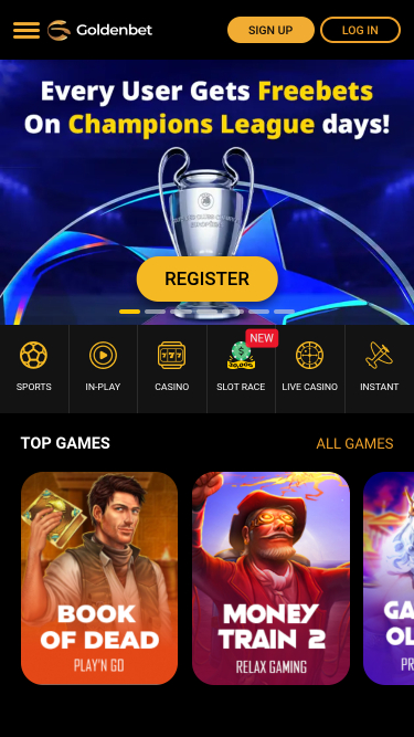 Page d'accueil mobile du casino GoldenBet