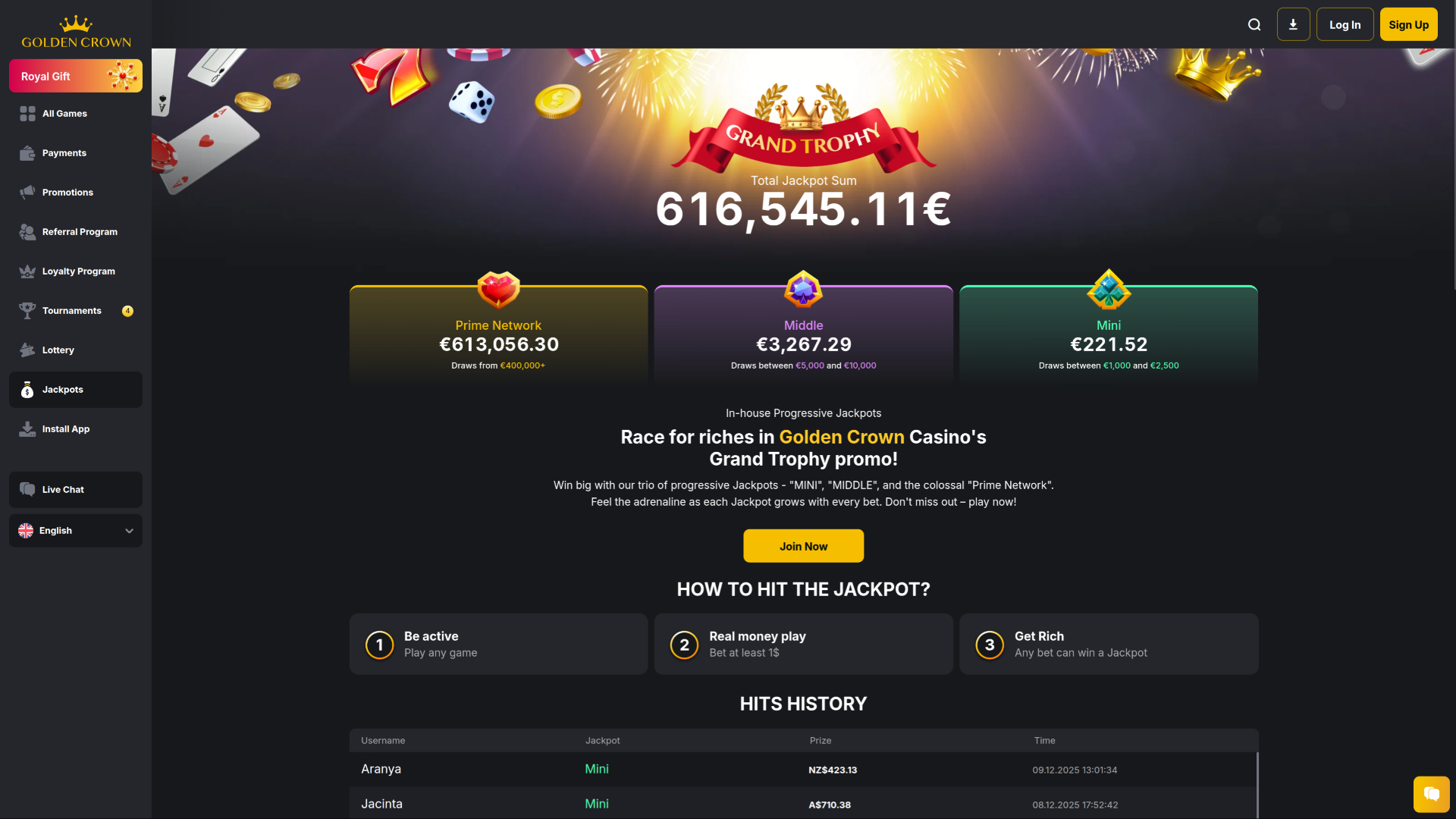 Jackpot de bureau du casino Golden Crown