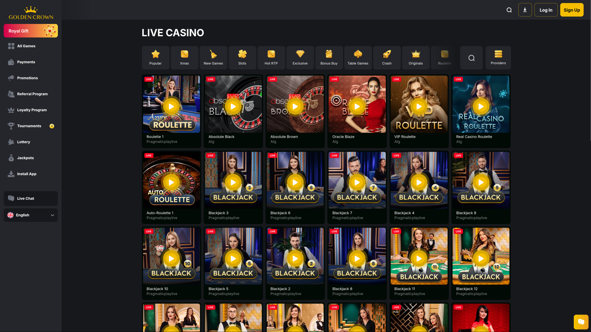 Casino Golden Crown sur ordinateur avec croupier en direct