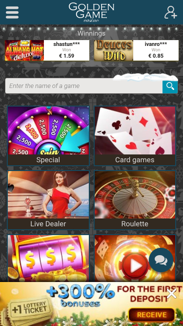 Page d'accueil mobile de Golden Game Casino