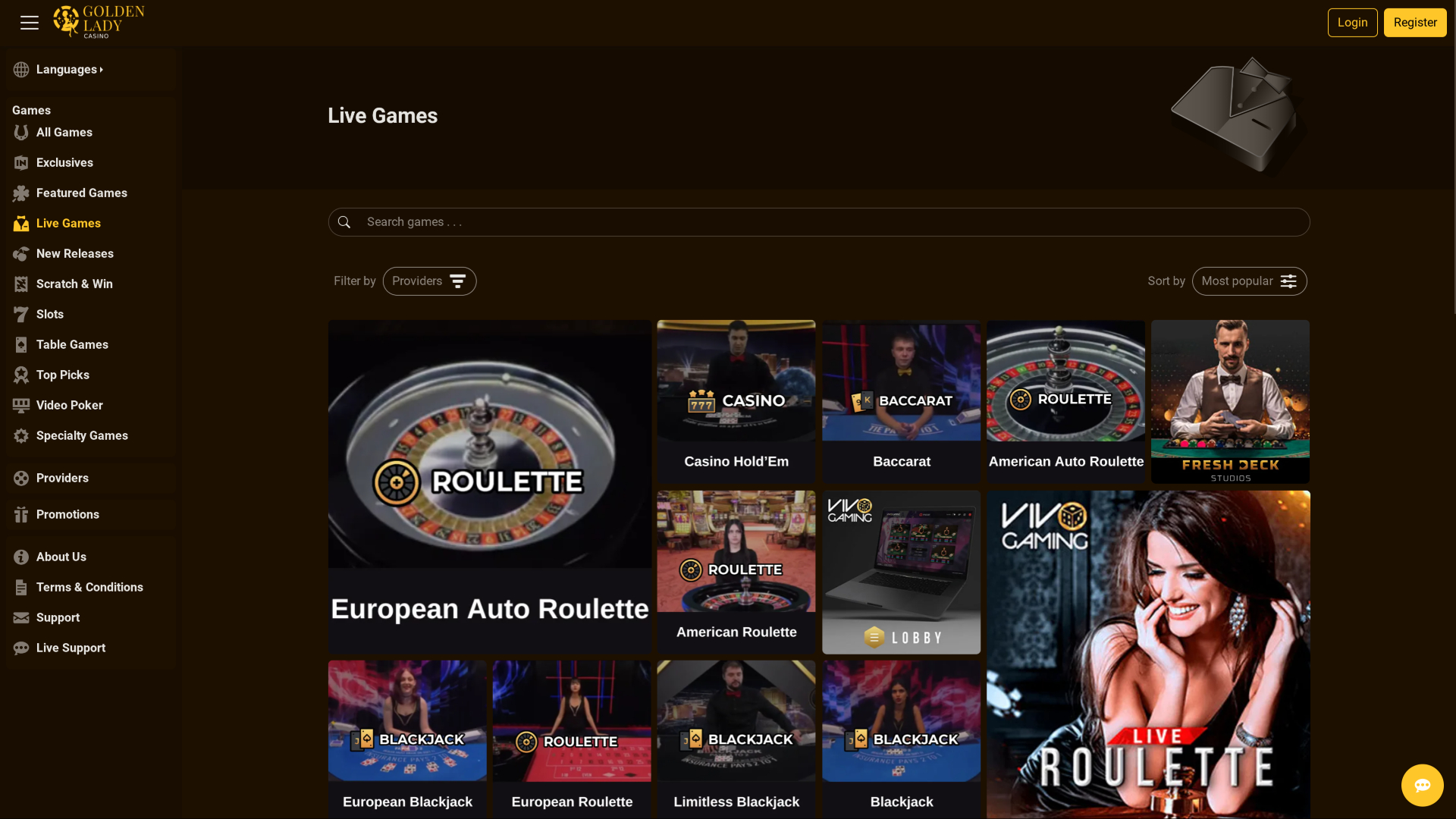 Casino Golden Lady sur ordinateur avec croupier en direct