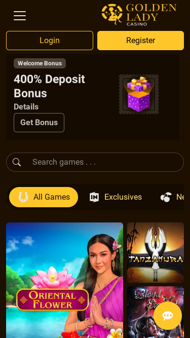 Page d'accueil mobile du casino Golden Lady