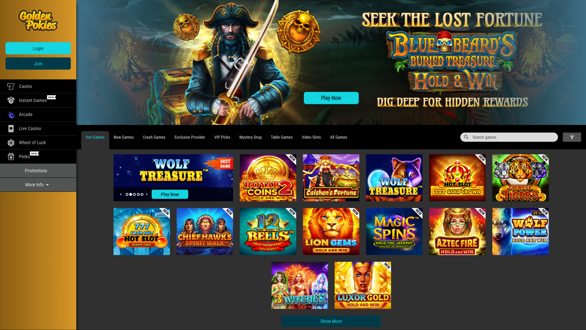 Page d'accueil du casino Golden Pokies pour ordinateur