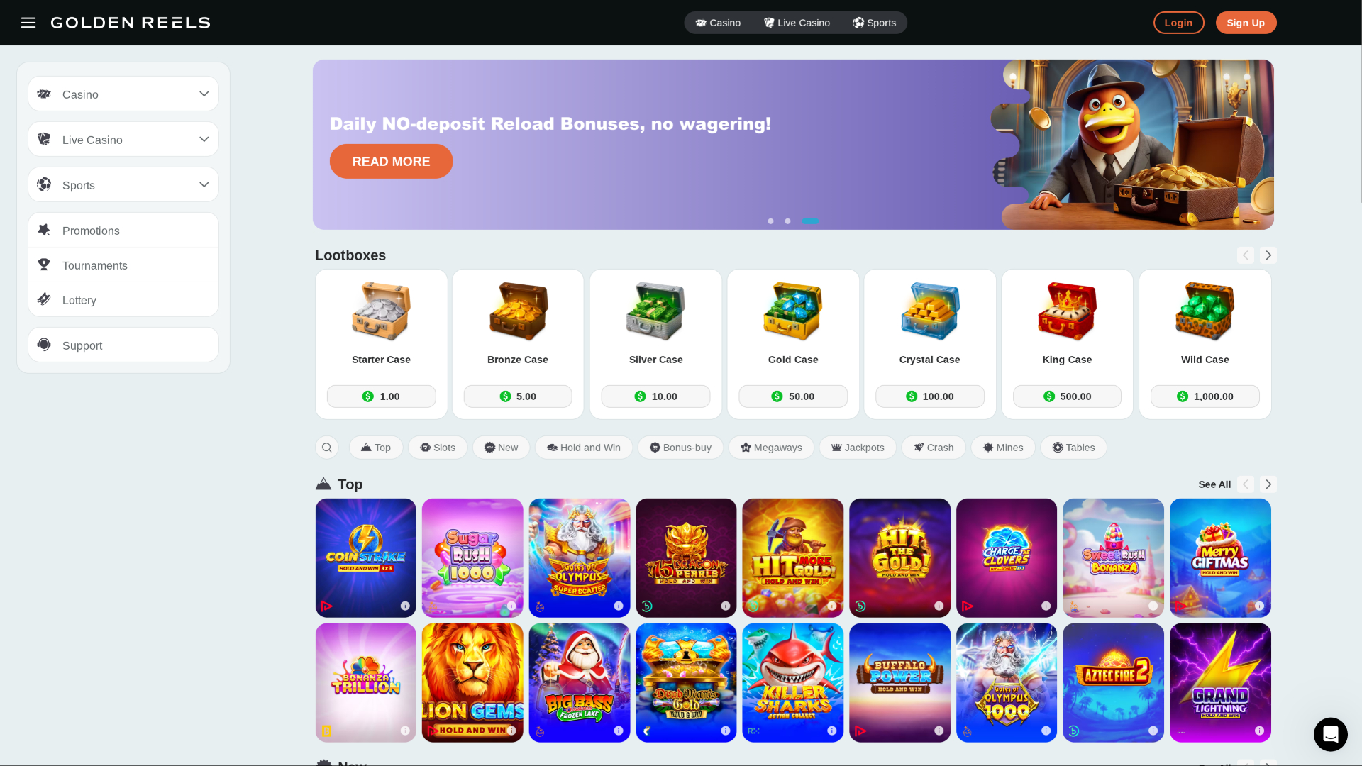 Page d'accueil du casino Golden Reels pour ordinateur