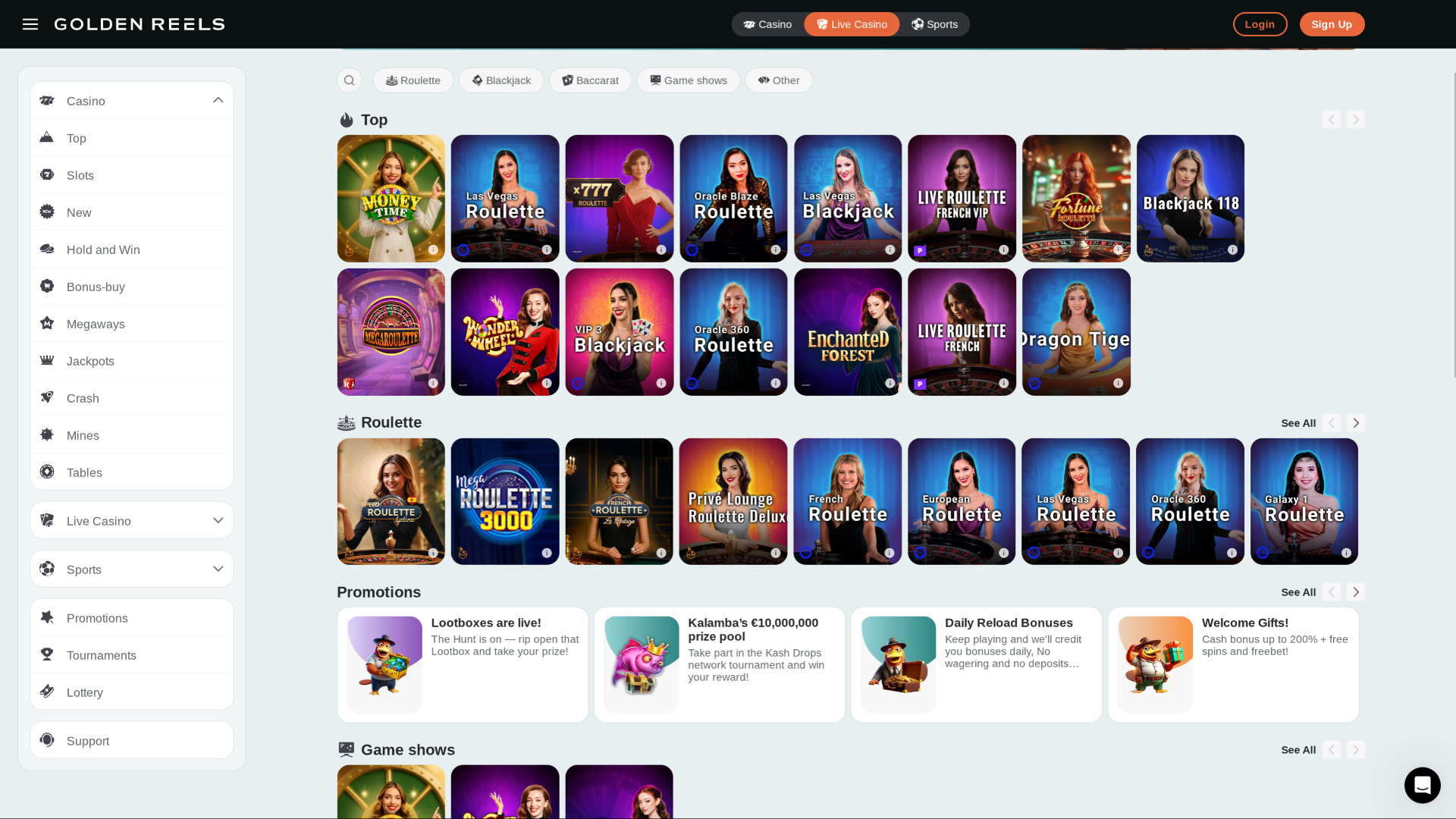 Casino Golden Reels sur ordinateur avec croupier en direct