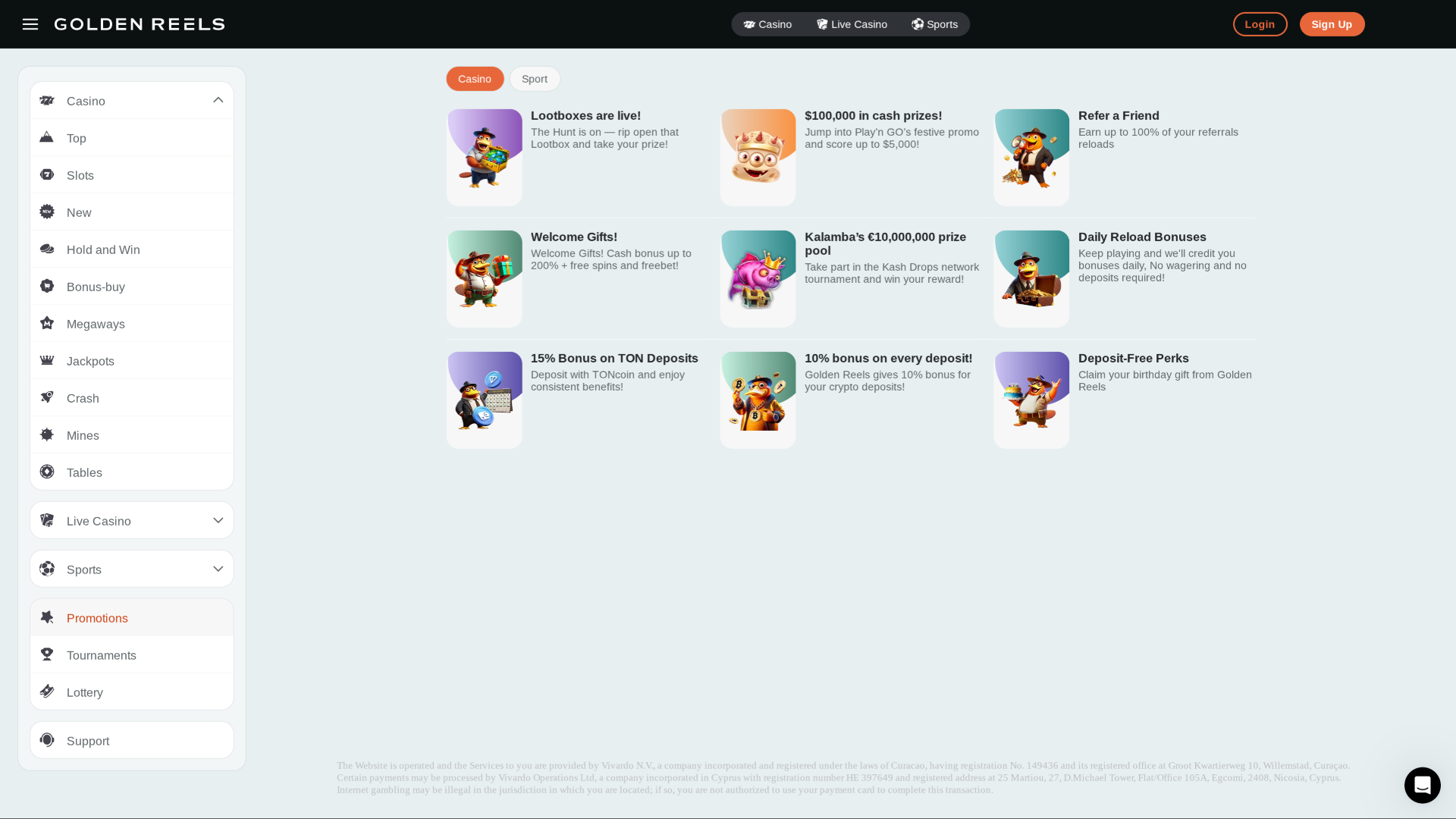 Promotions sur ordinateur du casino Golden Reels