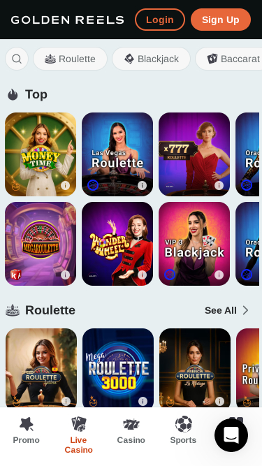 Casino mobile Golden Reels avec croupier en direct