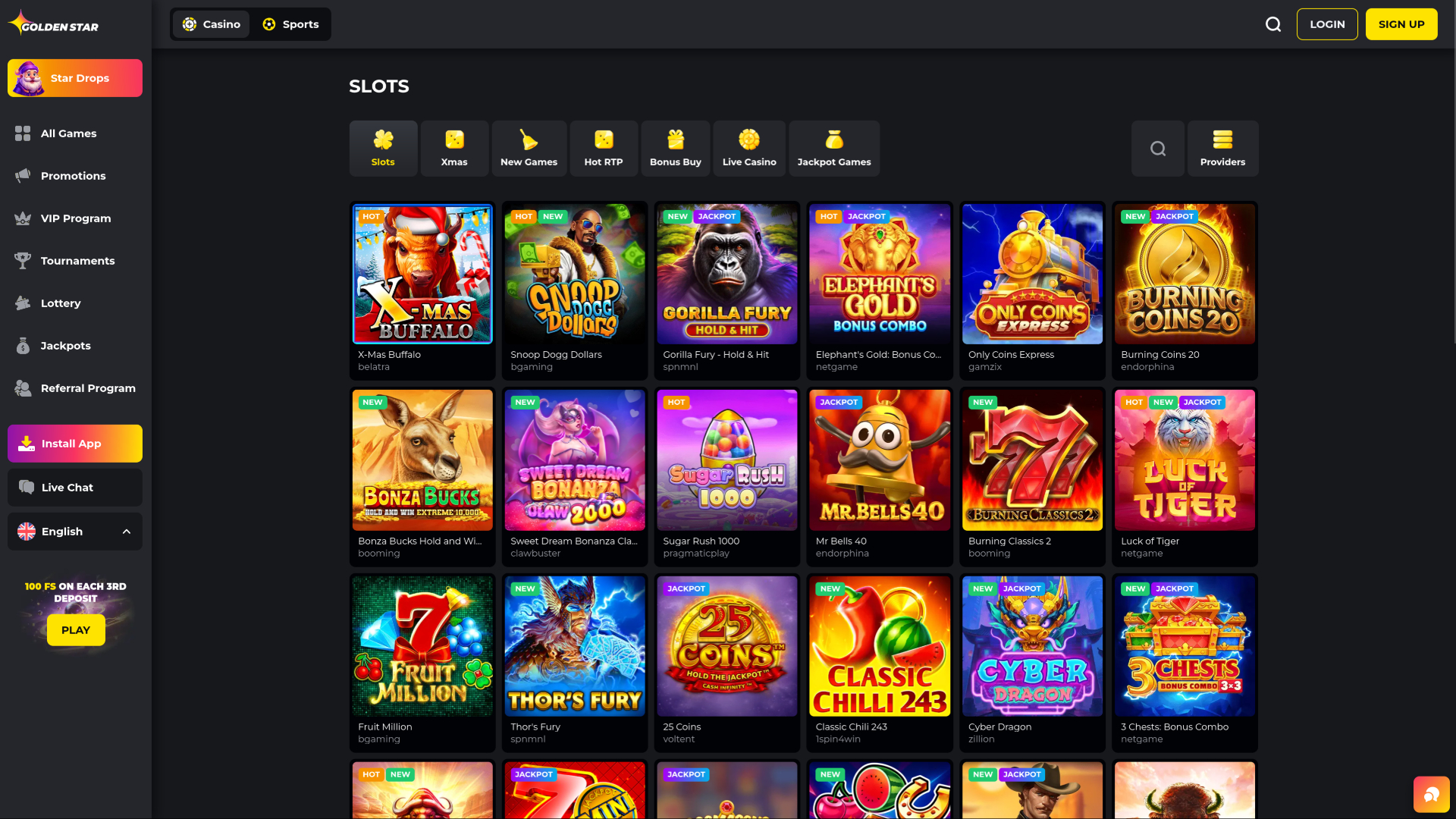 Jeux de casino Golden Star sur ordinateur