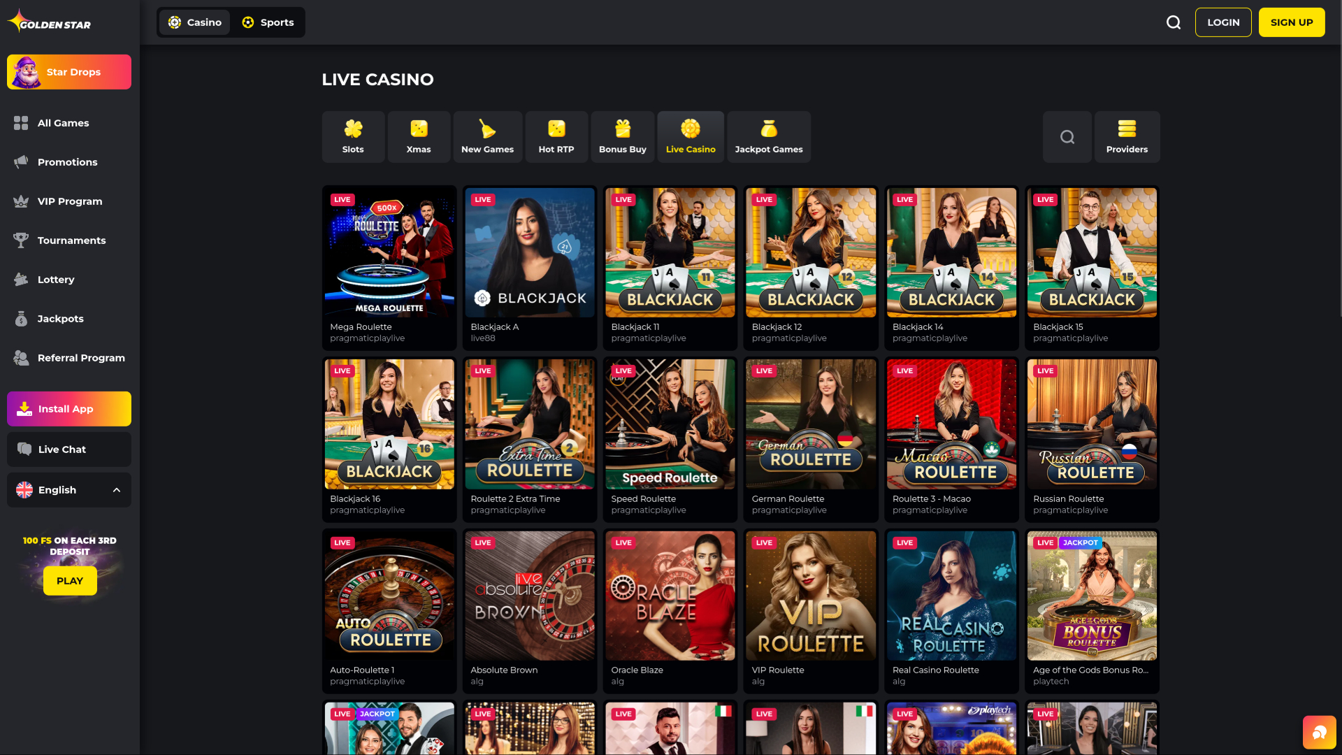 Casino Golden Star sur ordinateur avec croupier en direct