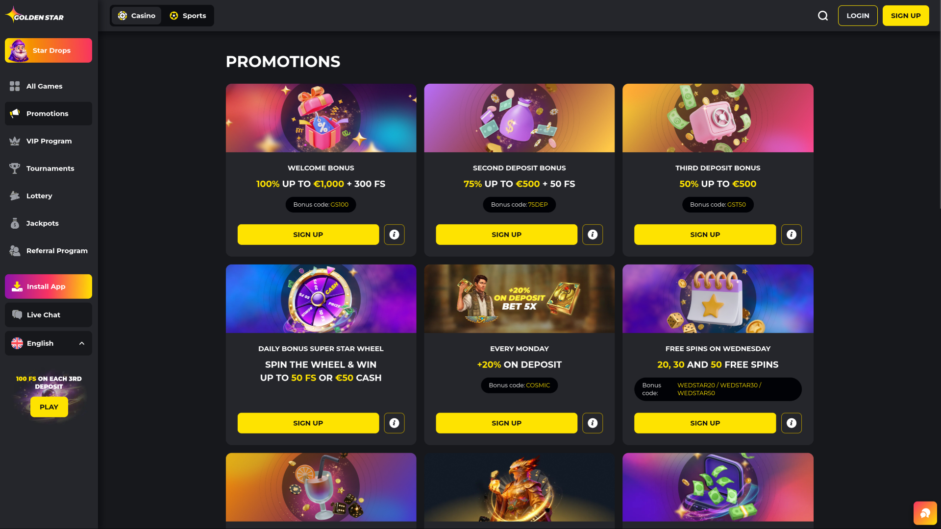 Promotions sur ordinateur du casino Golden Star