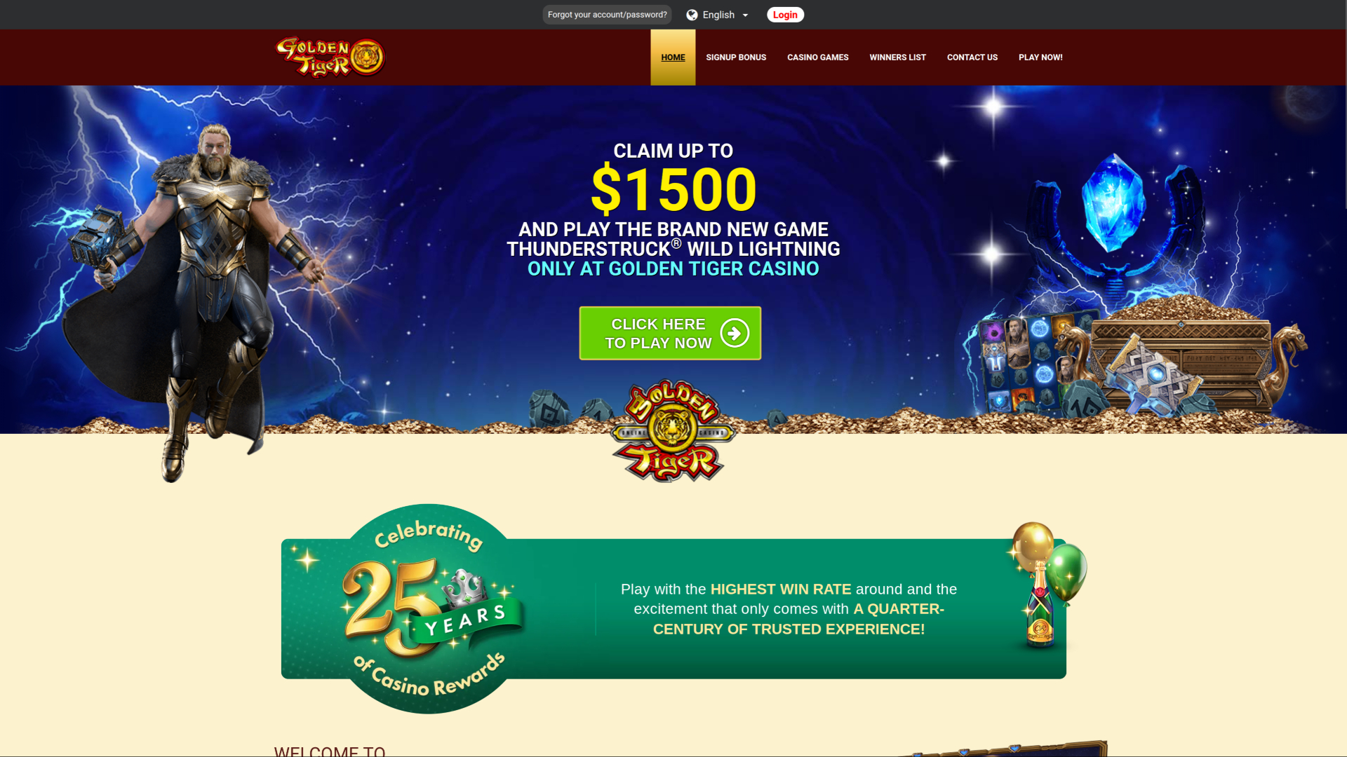 Page d'accueil du casino Golden Tiger (ordinateur de bureau)