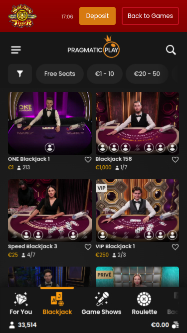 Casino mobile Golden Tiger avec croupier en direct