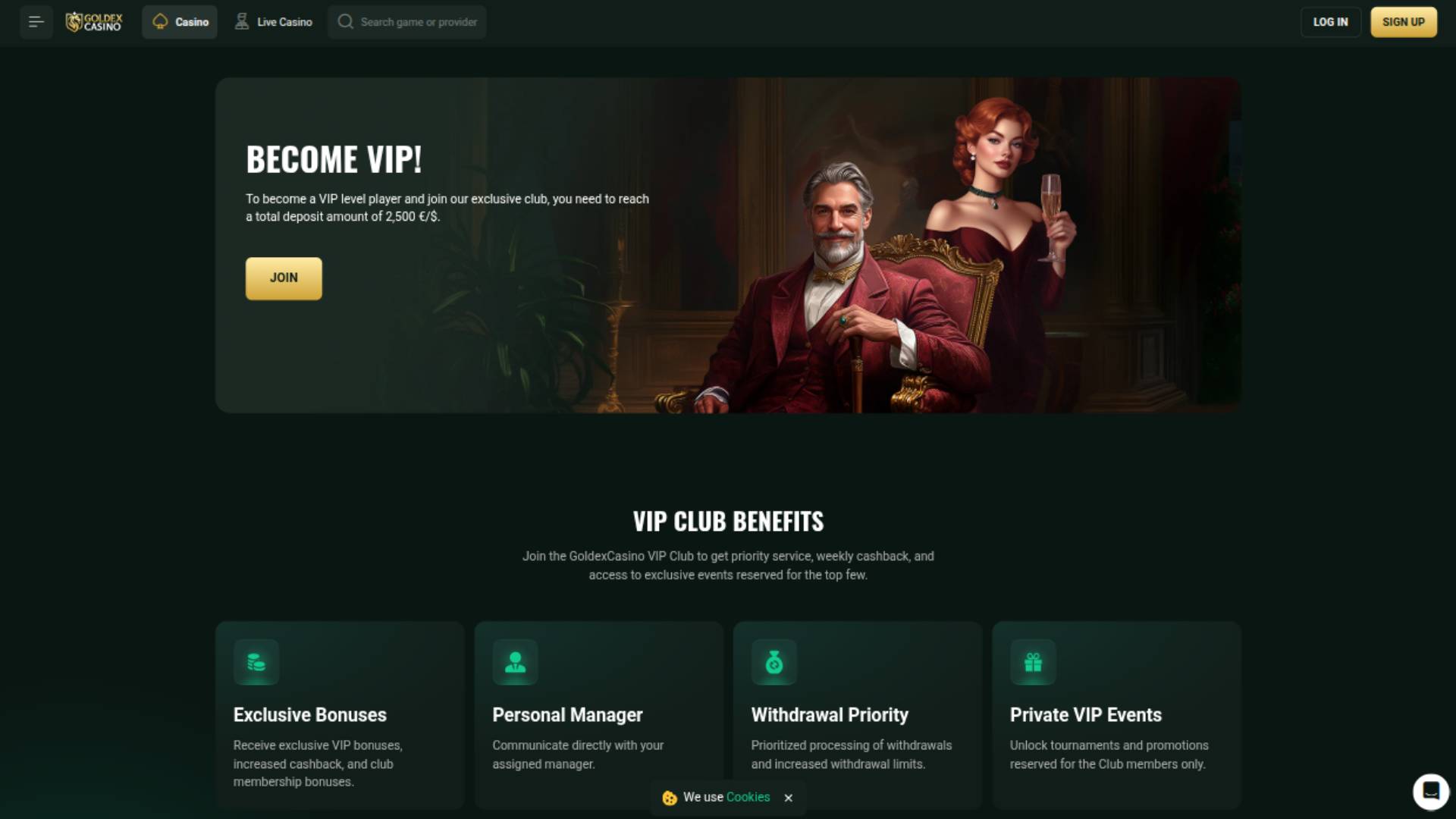 Capture d'écran de la page VIP du Goldex Casino
