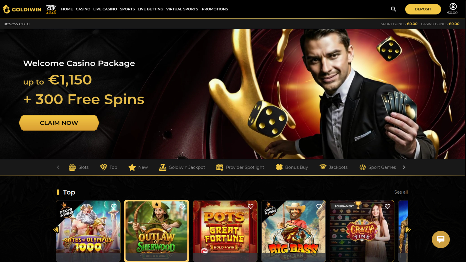 Pagina iniziale desktop di GoldiWin Casino