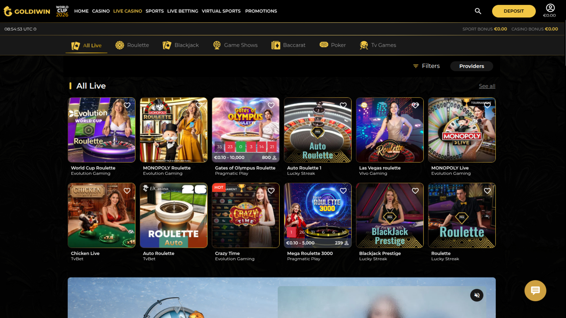 GoldiWin Casino Desktop con croupier dal vivo