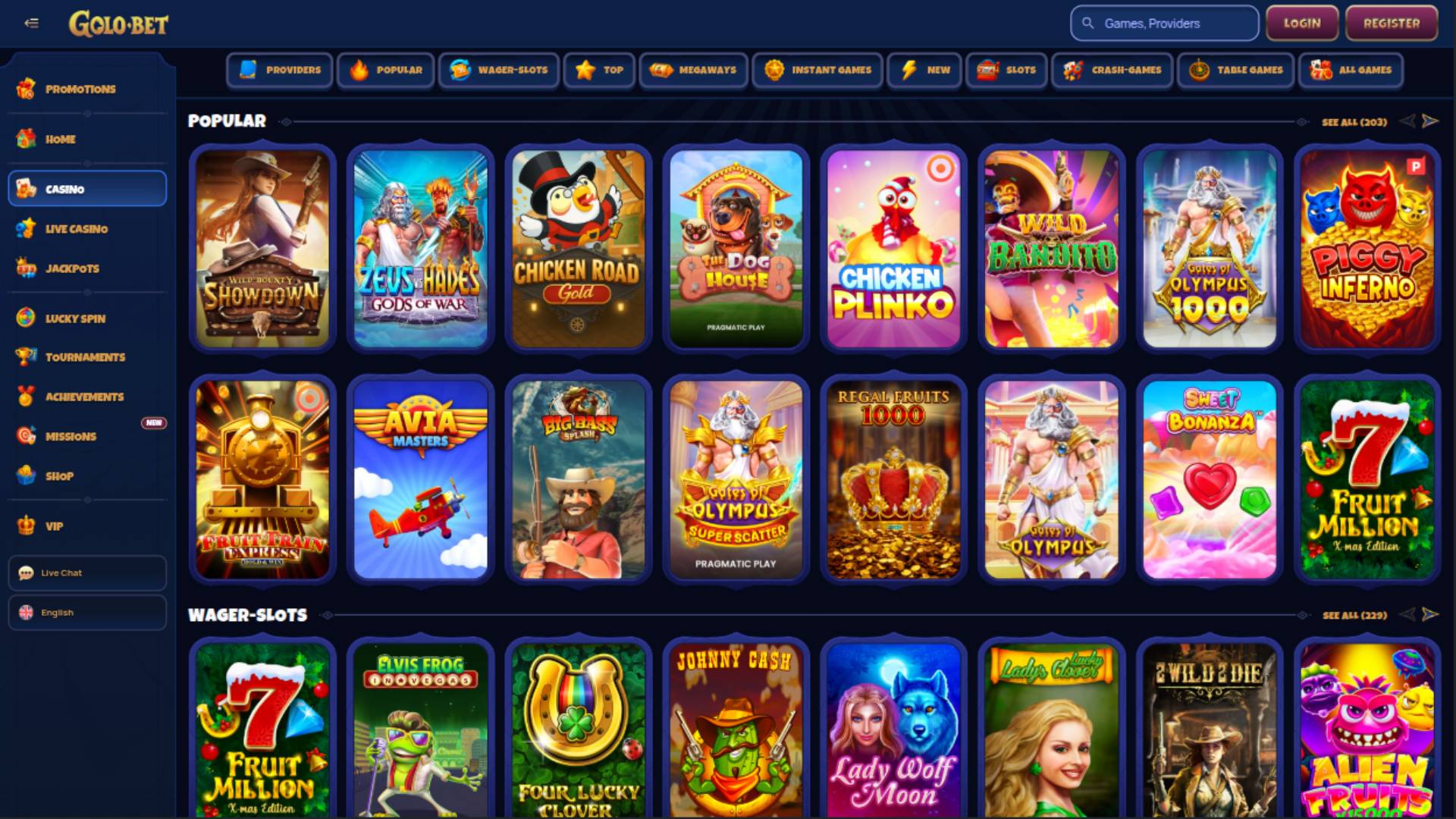Screenshot della pagina dei giochi di Golobet Casino
