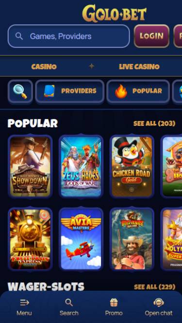 Schermata della pagina mobile dei giochi di Golobet Casino