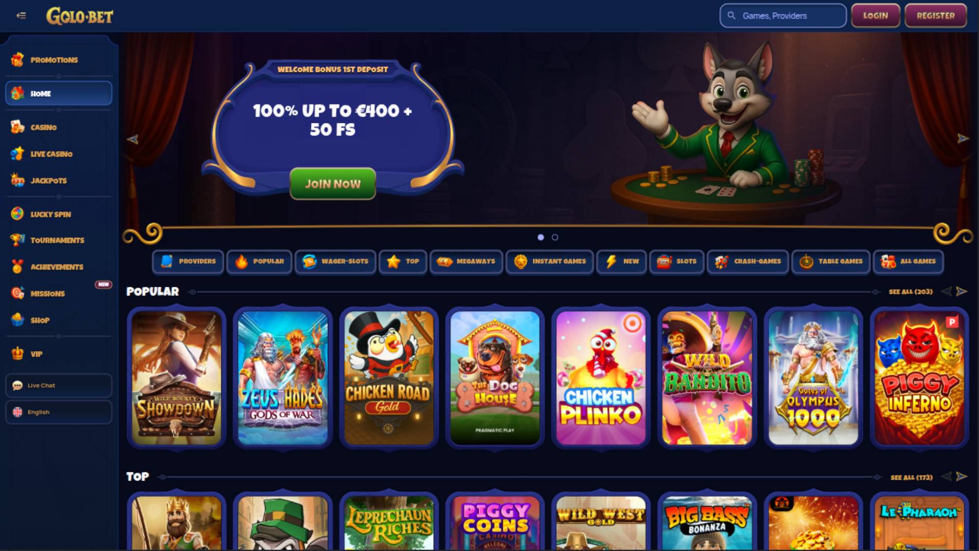 Screenshot della homepage di Golobet Casino