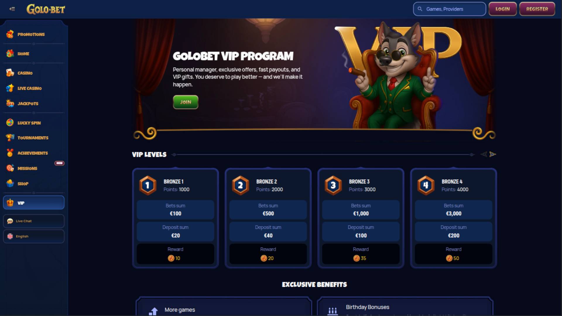 Screenshot della pagina VIP di Golobet Casino