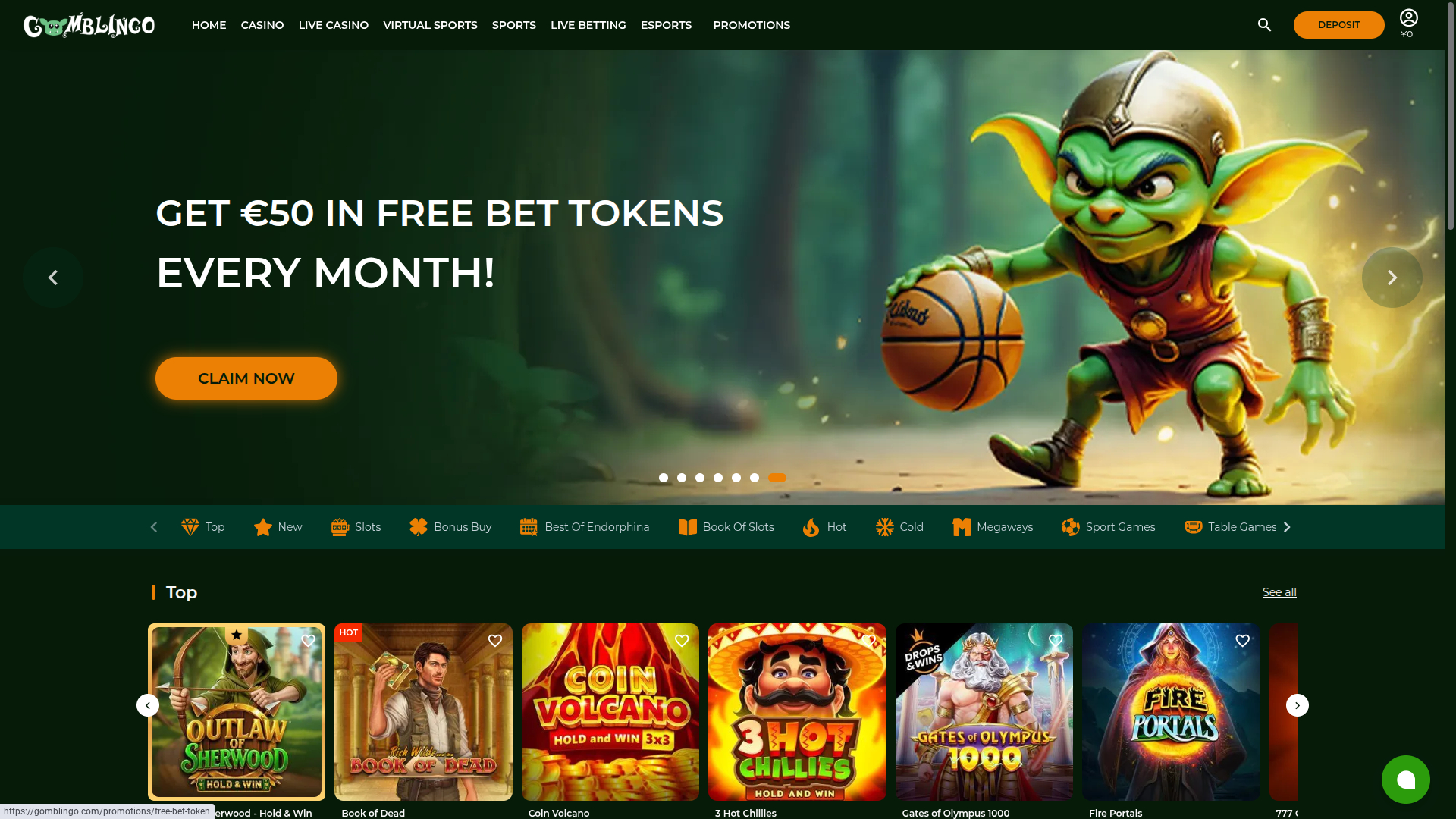 Página de inicio de Gomblingo Casino para escritorio