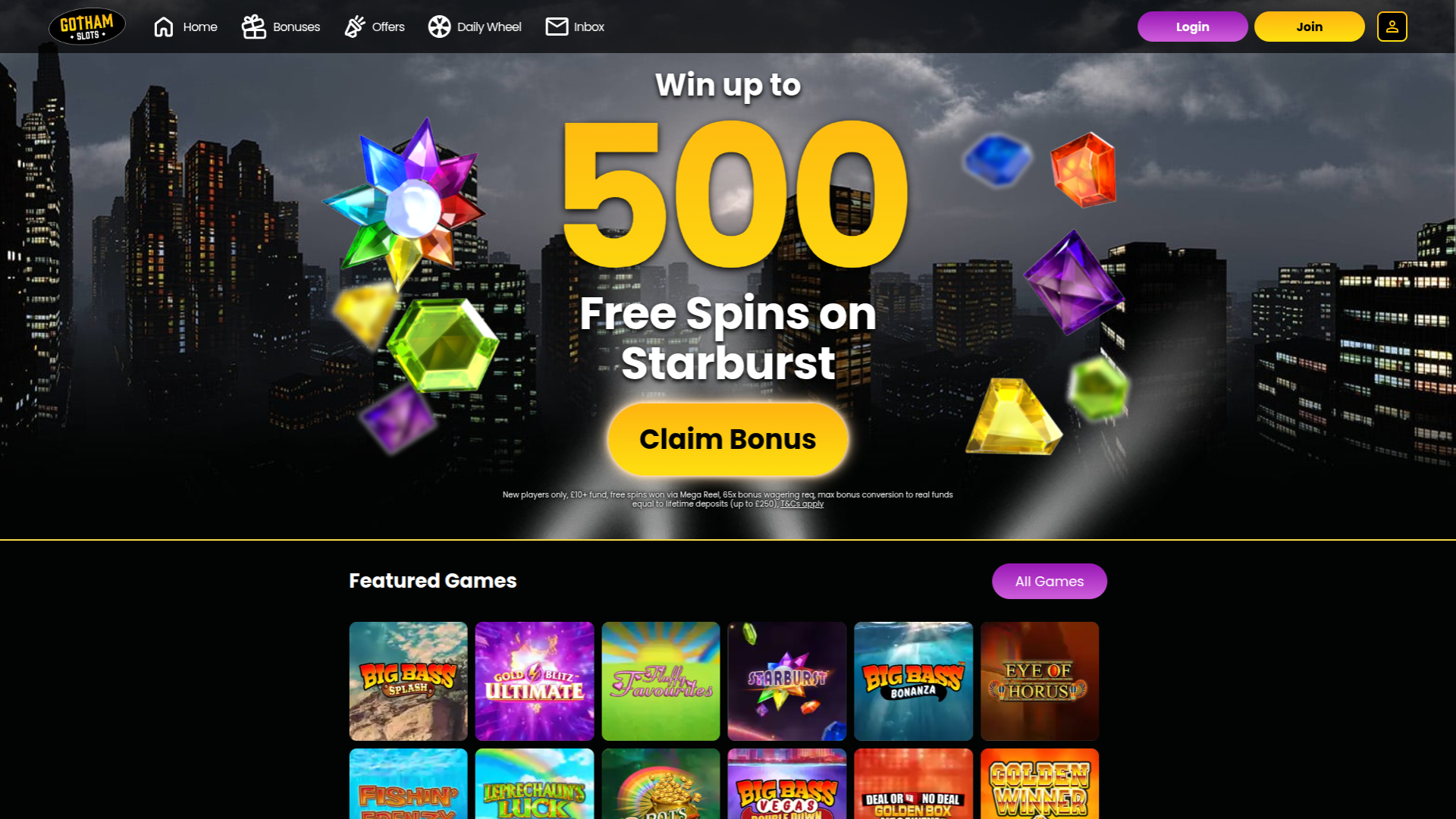 Page d'accueil du casino Gotham Slots (version ordinateur)