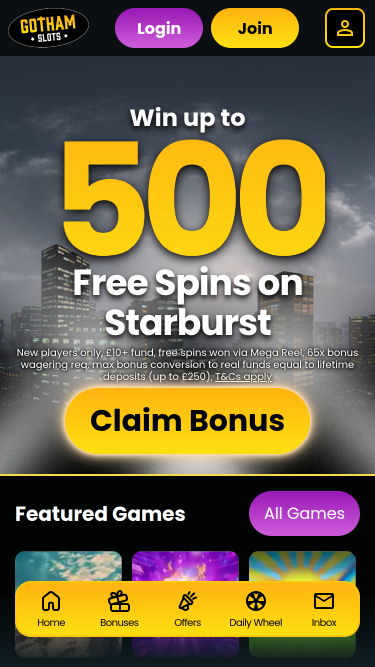 Page d'accueil mobile du casino Gotham Slots